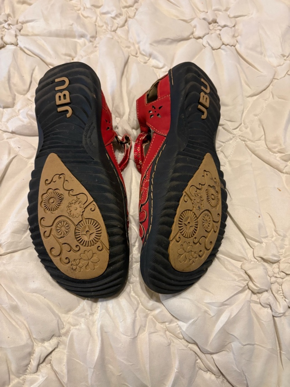 JBU Red Floral Cutout Mary Jane Shoes with Black Toe - Picture 2 of 6
